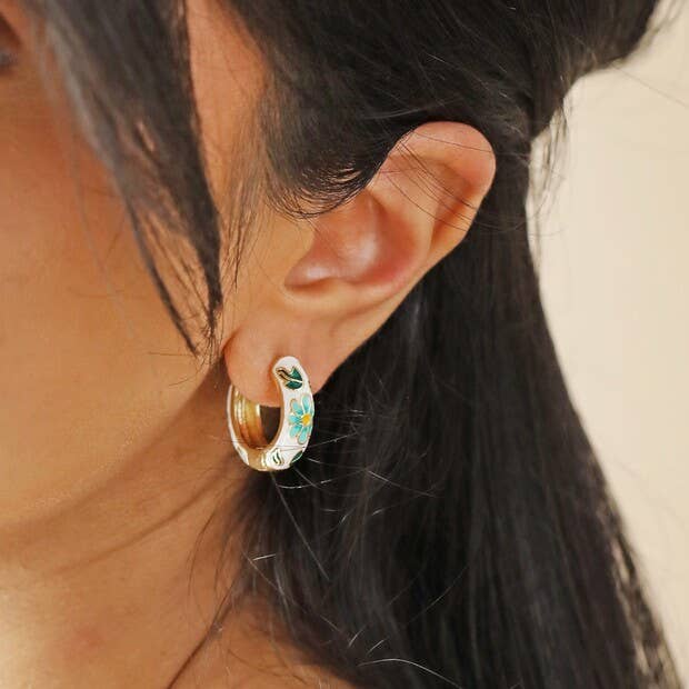 White Cloisonné Hoop Earrings in Gold