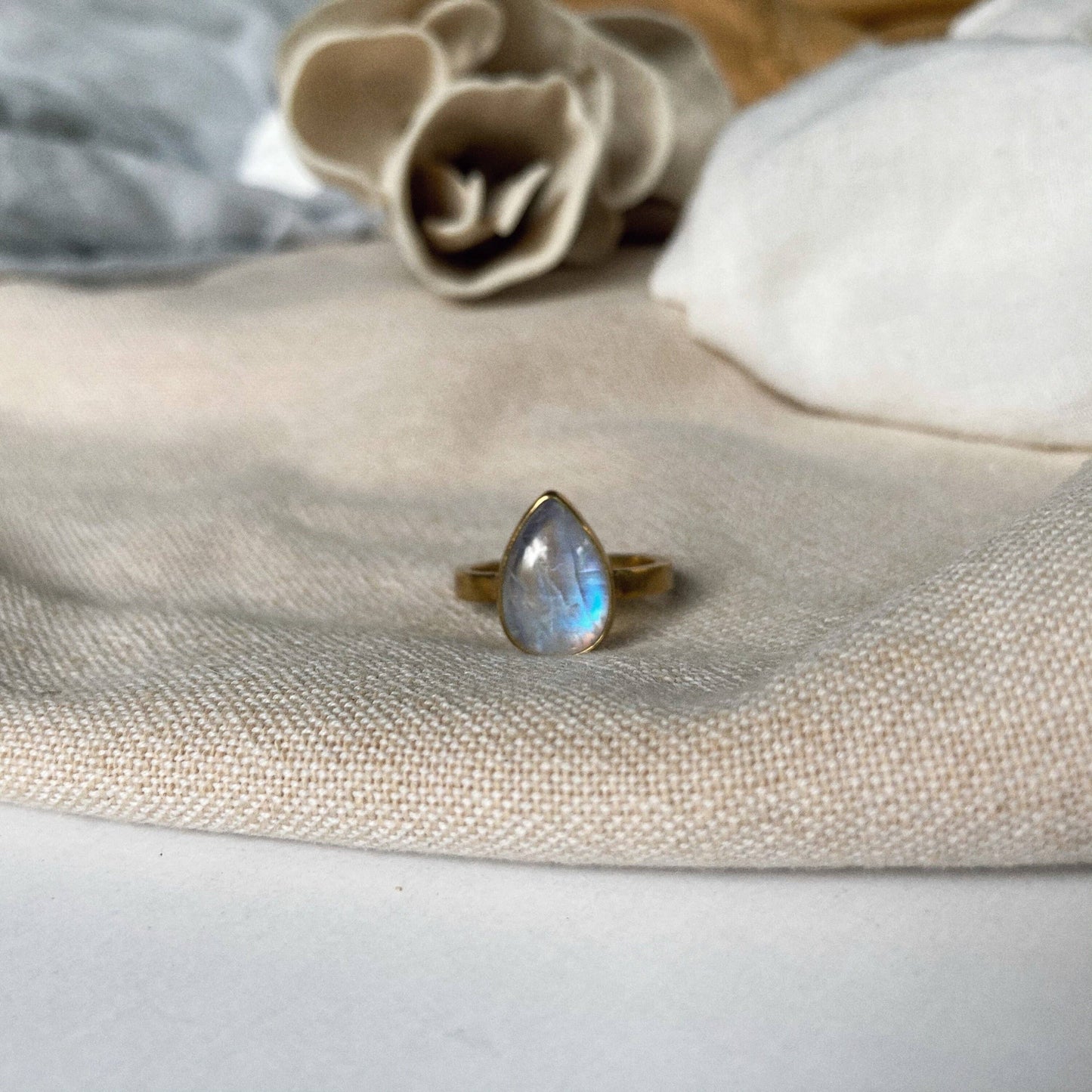 Moonstone Tear Drop Ring Brass