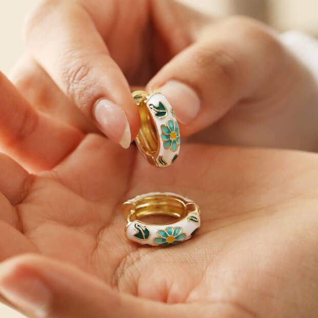 White Cloisonné Hoop Earrings in Gold