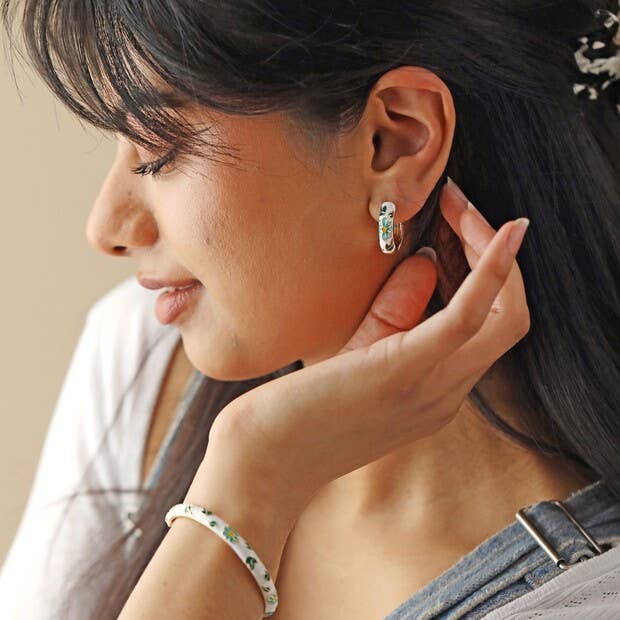 White Cloisonné Hoop Earrings in Gold