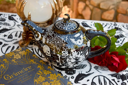 Teapot.  Witch Victorian Coven Black Skulls Ceramic