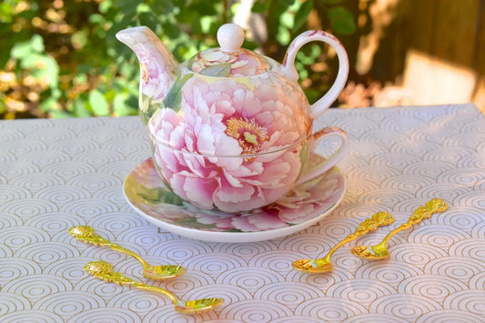 Tea for One Gift Set. Ivory and Rose Blush Peonies Flowers